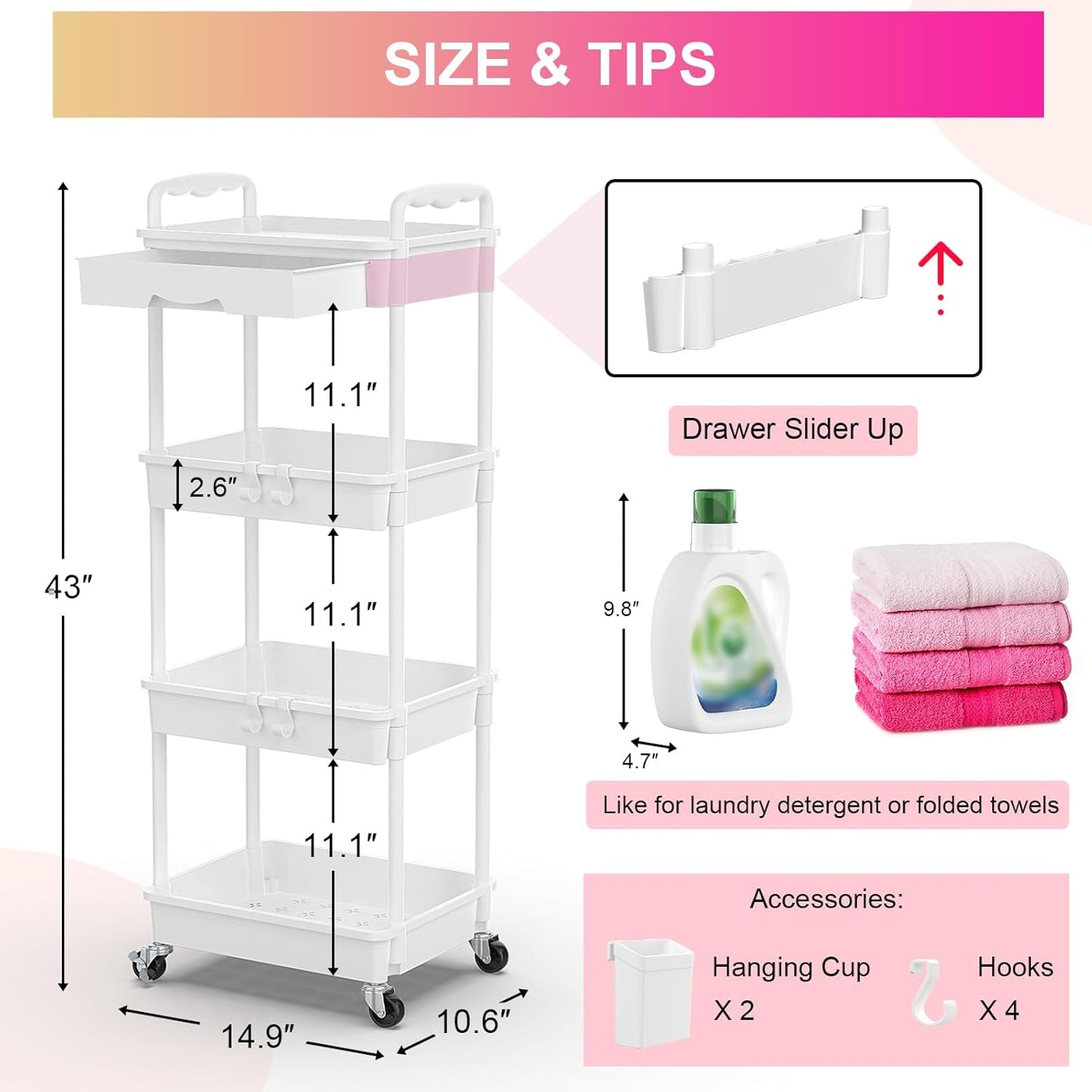 Goovilla 3 Tier Rolling Utility Cart Organizer with Removable Drawer, Stable and Sturdy White Rolling Storage Carts with 2 Lockable Wheels for Bathroom, Kitchen, Snack, Craft, Makeup, Baby Essentials