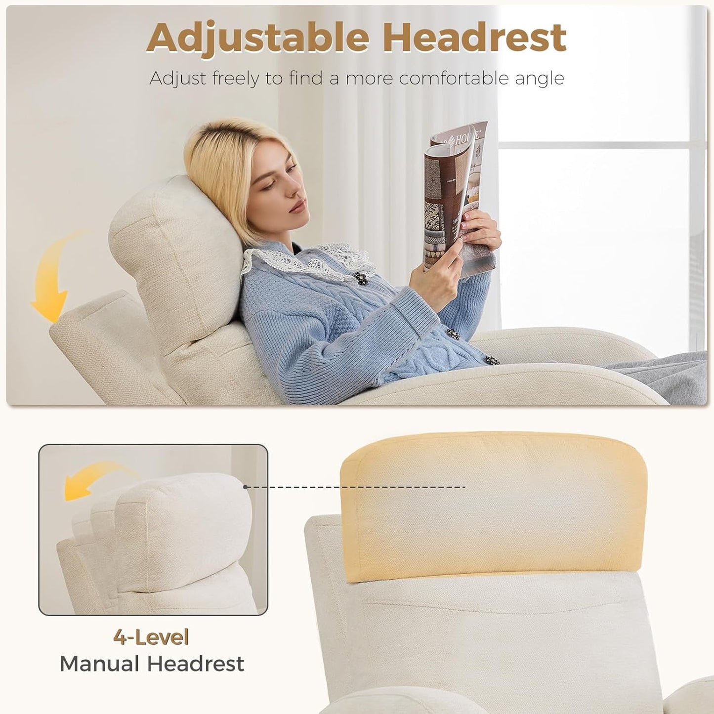 Dual Motors Power Recliner with Adjustable Headrest, Electric Swivel Rocker Recliner for Nursery, Glider Reclining Rocking Nursery Chairs for Small Space, Living Room, Bedroom, Chenille Cream White