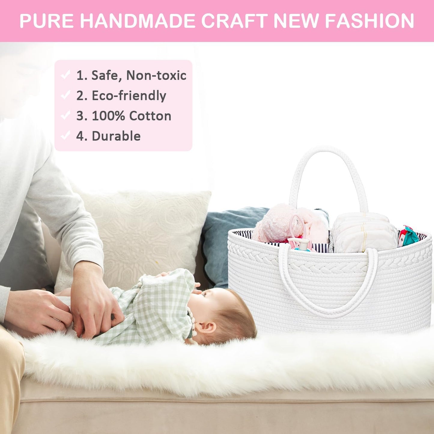 ABenkle Baby Diaper Caddy, Nursery Storage Bin and Car Organizer for Diapers and Baby Wipes, Cotton Rope Diaper Basket Caddy, Changing Table Diaper Storage Caddy