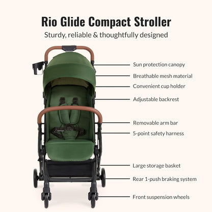 Dream On Me Rio Glide Ultra-Light Compact Stroller, One-Hand Self-Standing Fold, Adjustable Backrest & Footrest, 5-Point Harness, Cup Holder, Suspension Wheels with Storage Basket - Forest Green