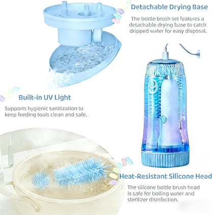 Portable Electric Silicone Bottle Brush Set, 7-in-1 UV LIGHT USB Charging, Nipple/Straw Cleaner, Milk Mixer, Built-in Drying Rack & Storage Case, BPA-Free, IPX7, On-the-Go for New Parents (Blush)