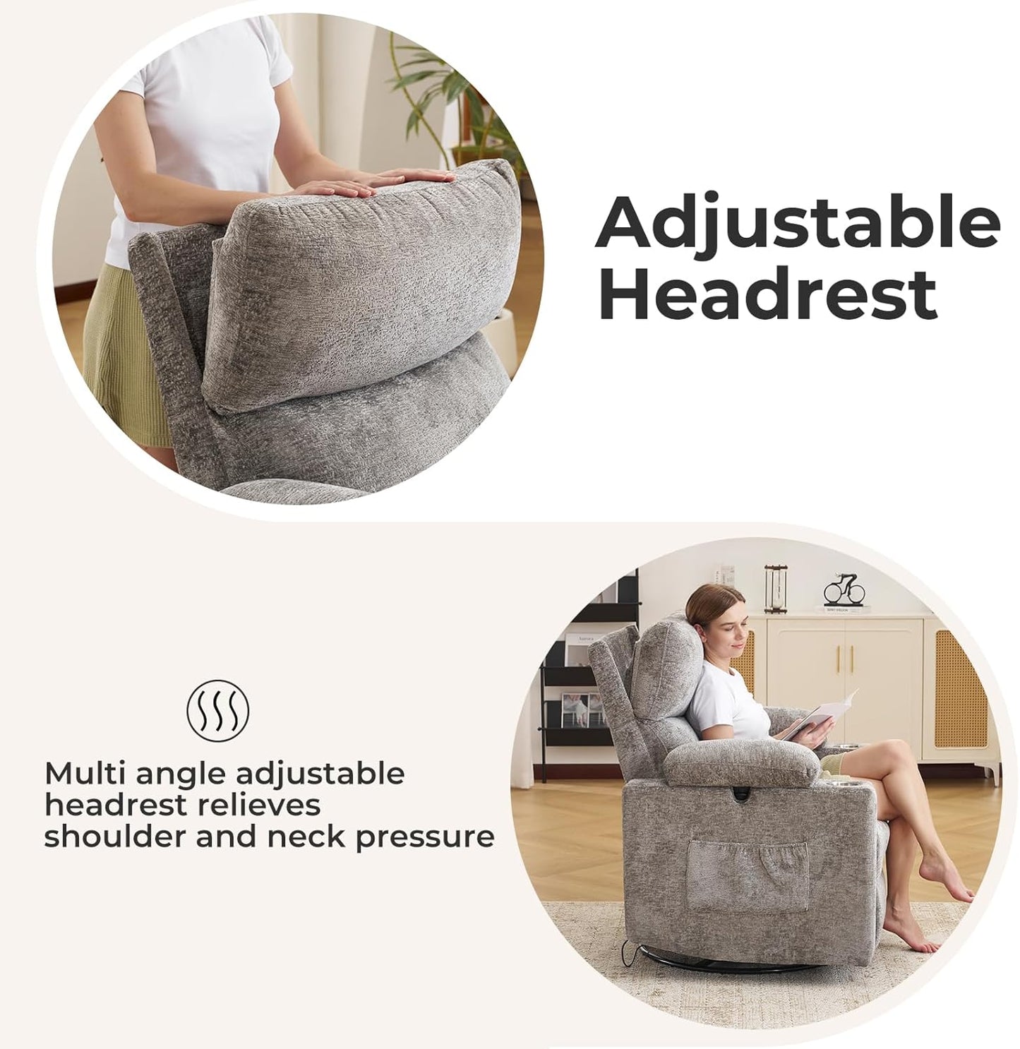 Rocking Chair Nursery with Adjustable Armrests, Electric Glider Recliner Nursing Chair for Breastfeeding, Power Swivel Recliner Chairs with Massage and Heat, Adjustable Headrest , FSC Certified, White
