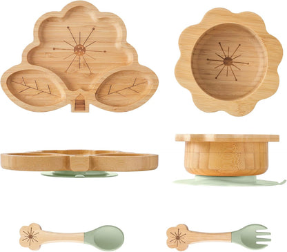 Bamboo Suction Plates Bowls Set for Baby Toddler - Includes Bamboo Bowl, Divided Plate, Silicone Fork & Spoon, All-Natural Baby Feeding Set for Baby-Led Weaning