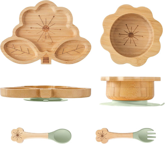 Bamboo Suction Plates Bowls Set for Baby Toddler - Includes Bamboo Bowl, Divided Plate, Silicone Fork & Spoon, All-Natural Baby Feeding Set for Baby-Led Weaning