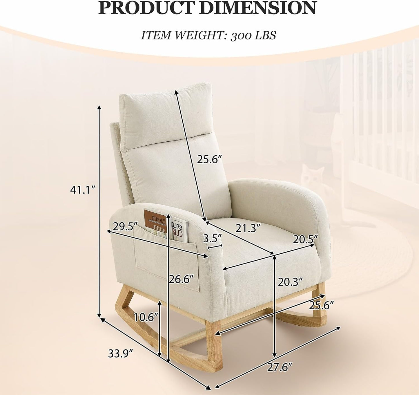 Rocking Chair Nursery, Glider Chair with High Back and Side Pocket, Solid Wood Frame Armchair with Non-Slip Padding for Nursery, Living Room, Bedroom (Ivory)