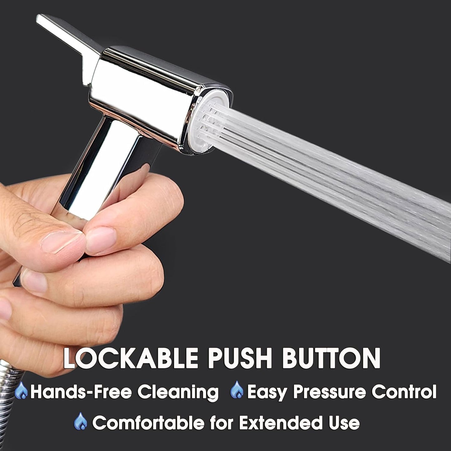 Handheld Bidet Sprayer for Toilet, Lockable Push Button, High Pressure Bathroom Sprayer, Cloth Diaper & Personal Hygiene Sprayer, Tank Mount No-Drill Install, Stainless Hose Set, Black Color