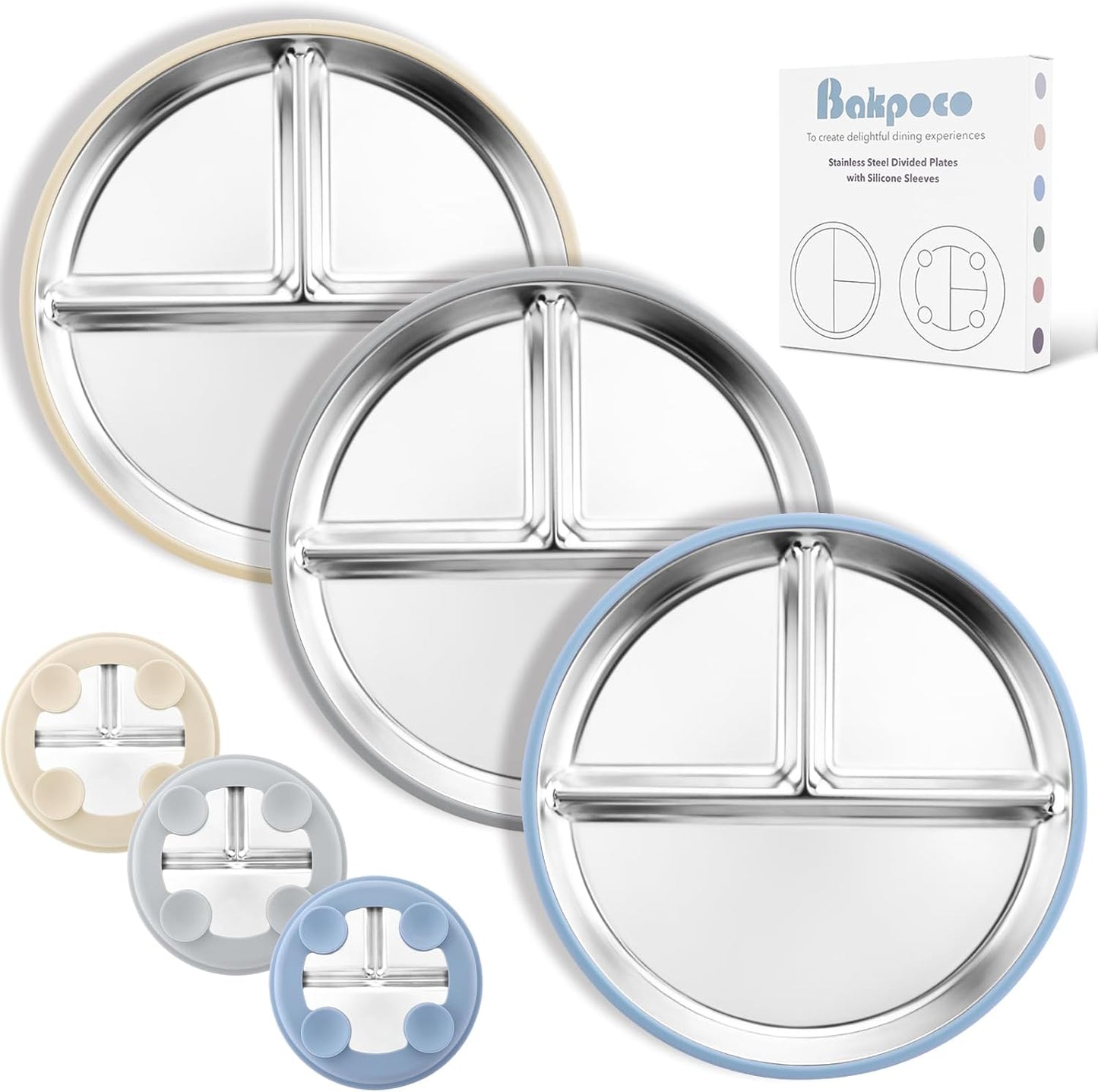 Bakpoco Stainless Steel Toddler Plate with Suction, 9” Divided Plates with Removable Silicone Sleeves for Kids, Non Toxic & BPA Free | Non Slip | Unbreakable Baby Snack Dishes Set of 2, Blue & Gray