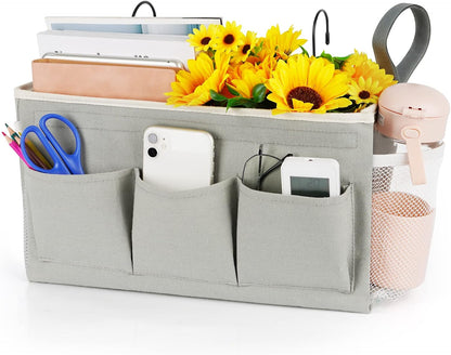 Loghot Bedside Caddy/Bedside Storage Bag Hanging Organizer for Bunk and Hospital Beds,Dorm Rooms Bed Rails,Can be Placed Glasses,Books,Mobile Phones,Keys (White)