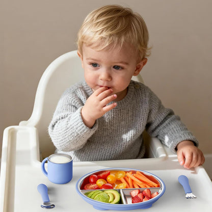 Bakpoco Stainless Steel Toddler Plate with Suction, 9” Divided Plates with Removable Silicone Sleeves for Kids, Non Toxic & BPA Free | Non Slip | Unbreakable Baby Snack Dishes Set of 2, Blue & Gray