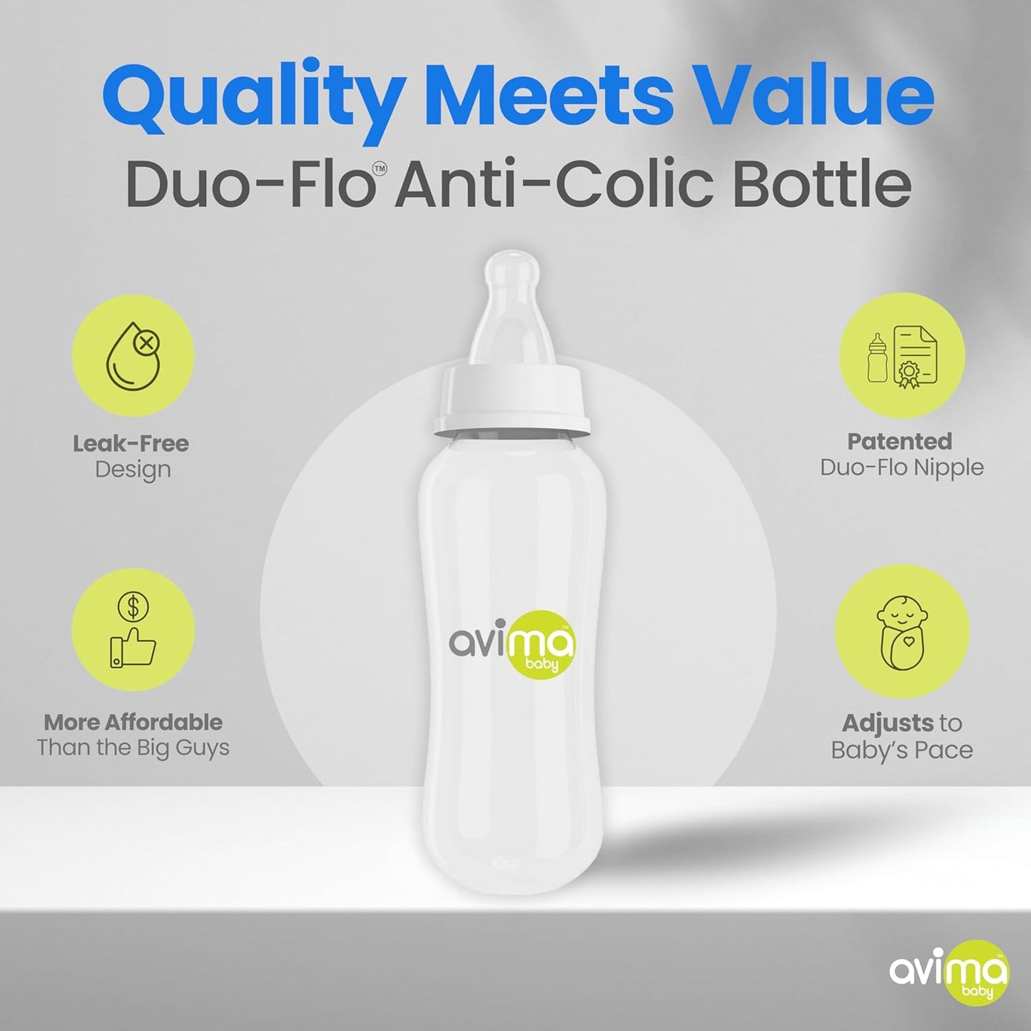 Avima 10 oz Anti Colic Baby Bottle Set - Medium Flow Nipples Included, Standard Neck, BPA Free - 3-6 Months, Stage 2 Feeding for Gas, Spit Up & Colic (Set of 8)