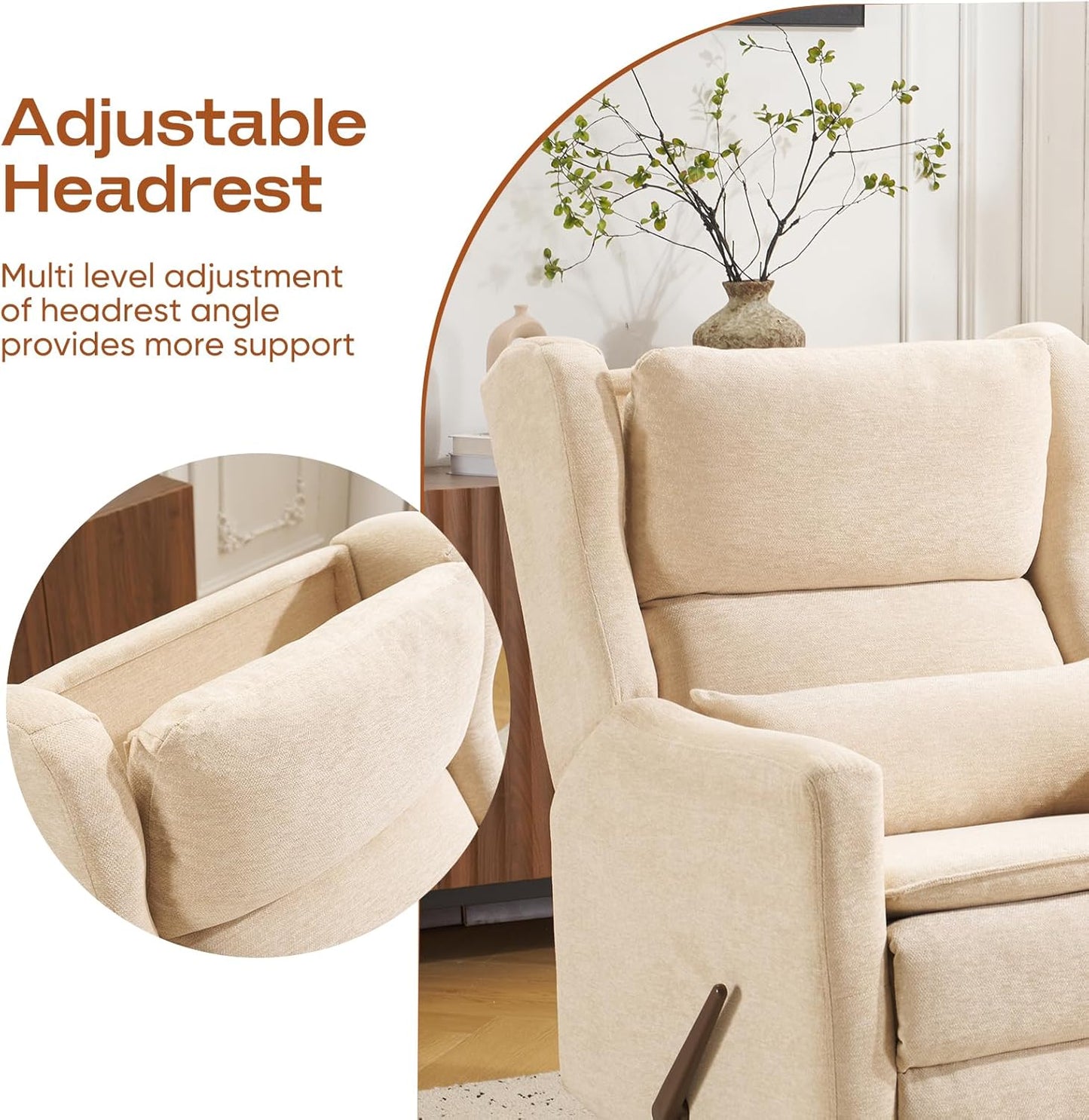 Power Recliner Chair Swivel Glider with Adjustable Headrest，Oversized Swivel Rocker Recliner with Lumbar Support, Upholstered Nursery Glider Recliner for Living Room,White