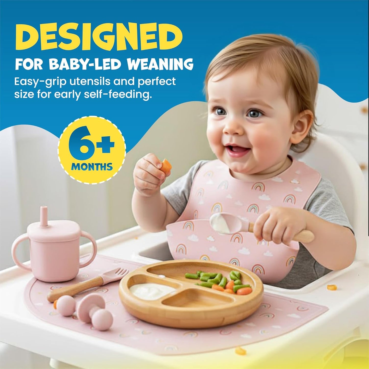Bamboo & Silicone Baby Feeding Set 8 PCS | Baby Led Weaning Supplies Self Feeding | Divided Suction Plate Bowl Bib Sippy Cup with Straw Utensils Baby Bowls and Spoons Toddler Feeding Set (Yellow)
