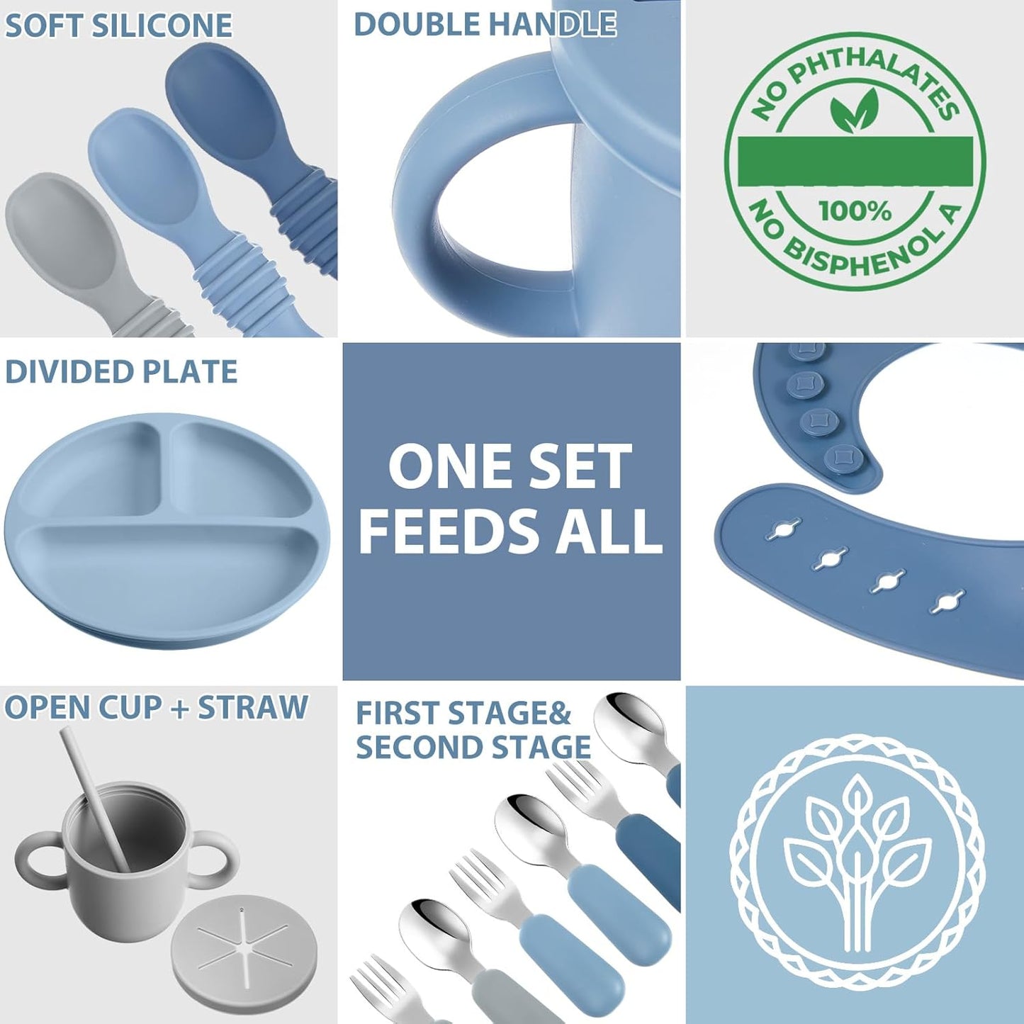 24 Pack Silicone Baby Feeding Set Baby LED Weaning Supplies Includes Suction Divided Plates Soft Bowl Spoons Forks Adjustable Bib Snack Cup and Straws(Gray Blue, Army Green, Beige)