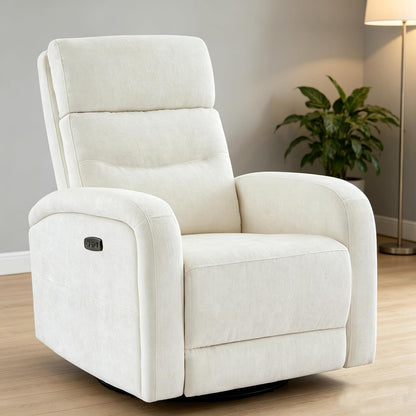 Power Swivel Rocker Recliner Chair for Nursery, Swivel Reclining Rocking Chairs, Electric Glider for Living Room, Upholstered Recliner Chairs for Bedroom, Corduroy White