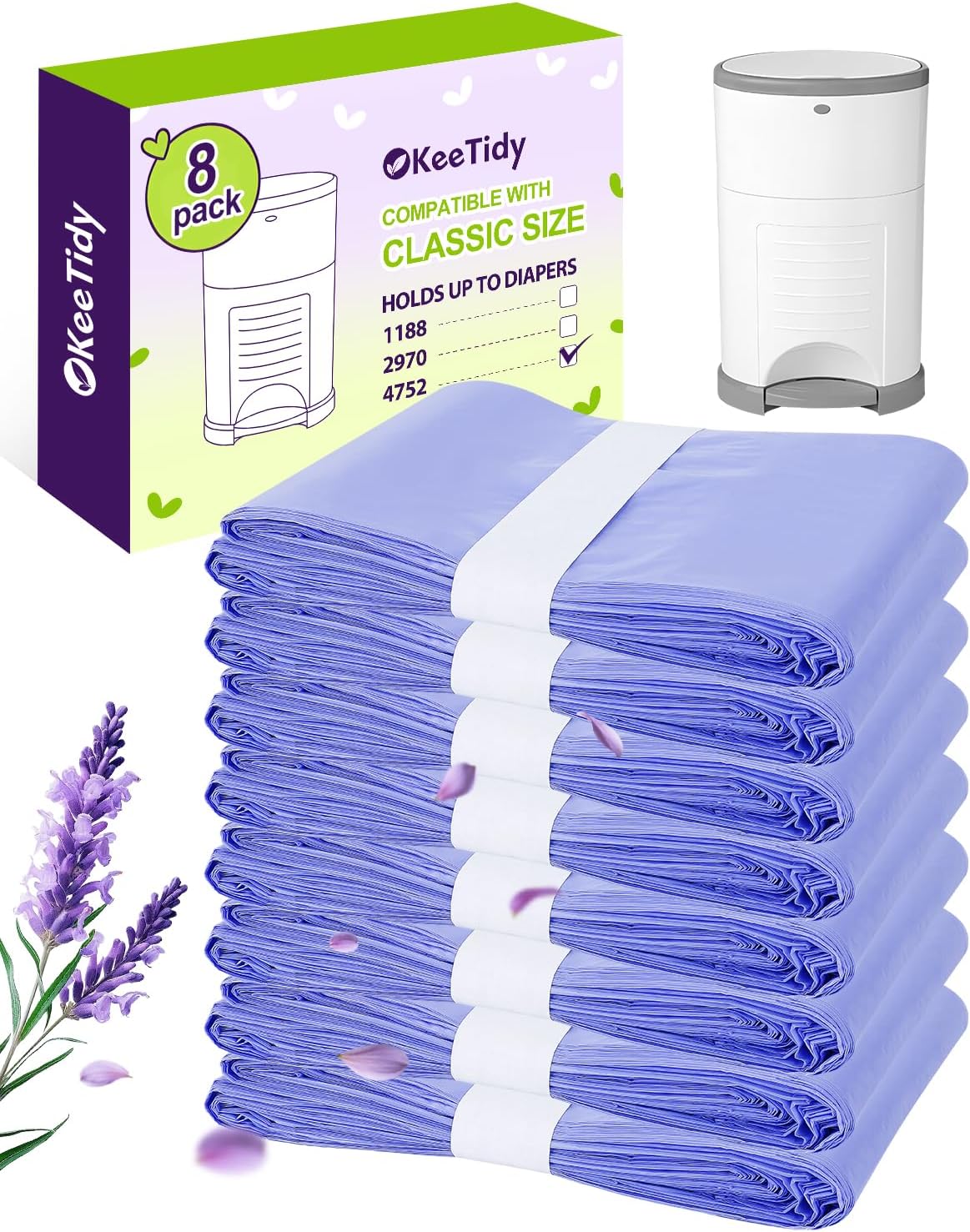 Diaper Pail Refills Compatible with Dekor Classic & Eko Classic, 5 Pack Lavender Scented Diaper Trash Bags, Extra 30% Thickness Leak-Proof Continuous Liners for Nursery & Pet Waste, Holds 2970 Diapers