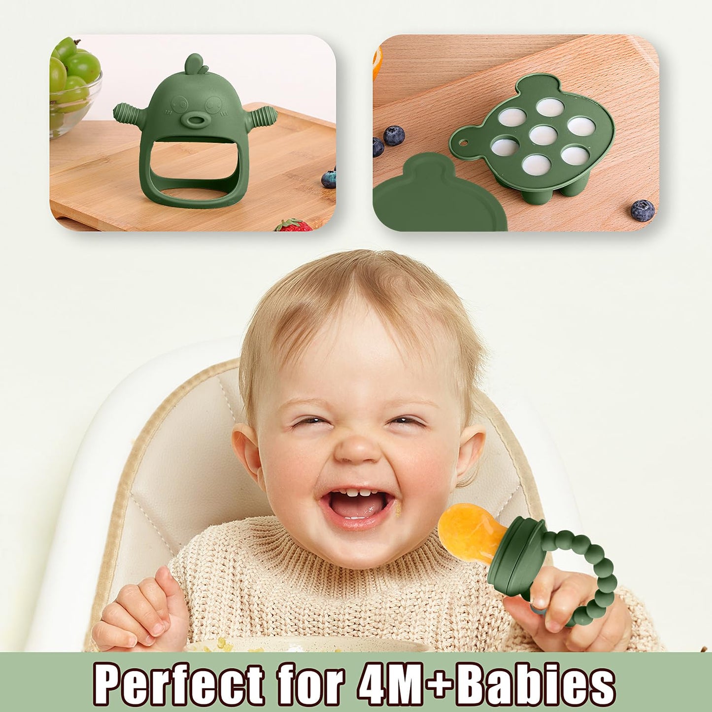 3-in-1 Baby Food & Fruit Feeder Set – Breastmilk Popsicle Mold with Freezer Tray, Teething Relief Toy, BPA Free Infant Silicone Feeding Combo, 3 Bonus Sizes (S/M/L) Sacs (Olive Green)
