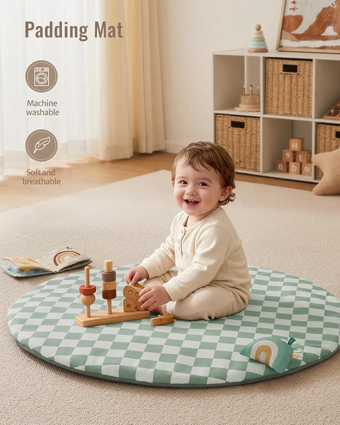 Blissful Diary Baby Play Gym Mat, Play Mat Activity Mat with 6 Detachable Toys for Stage-Based Sensory & Motor Skill Development, Easy to Install & Clean, Baby Essentials Gift, Sage Checkerboard