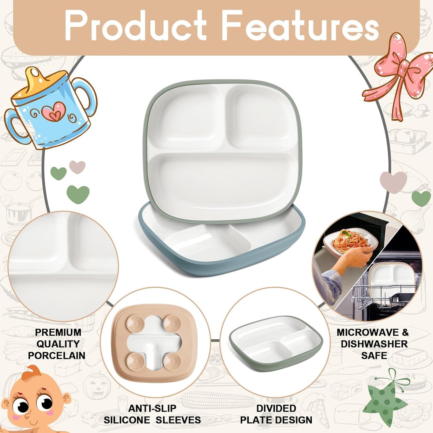 Domensi Kids Porcelain Plates with Silicone Sleeves 8.2 Inch Divided Porcelain Plate Toddler White Suction Dishes for Baby Troubleless Eating Microwave Dishwasher Safe(Stylish,3 Set)
