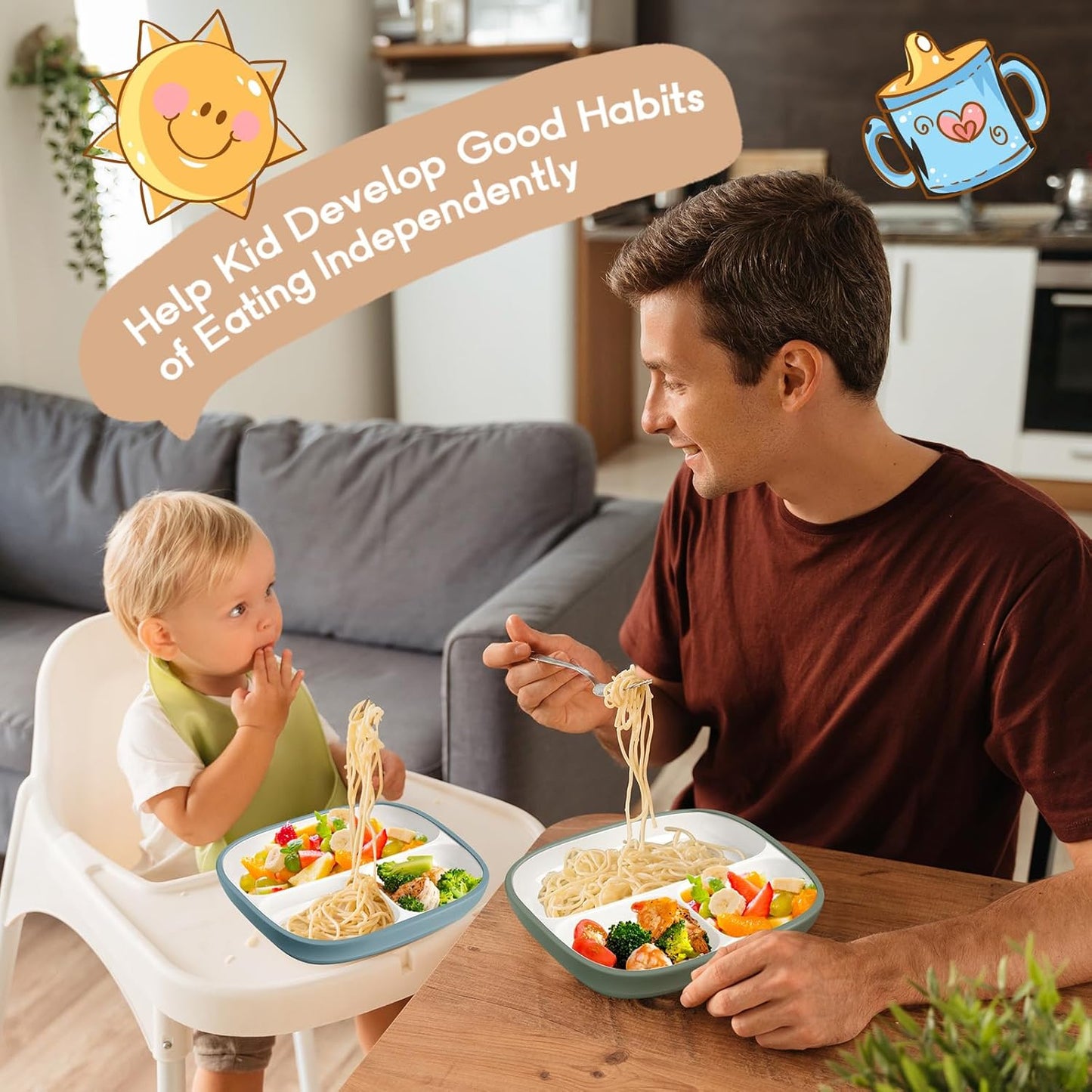 Domensi Kids Porcelain Plates with Silicone Sleeves 8.2 Inch Divided Porcelain Plate Toddler White Suction Dishes for Baby Troubleless Eating Microwave Dishwasher Safe(Stylish,3 Set)