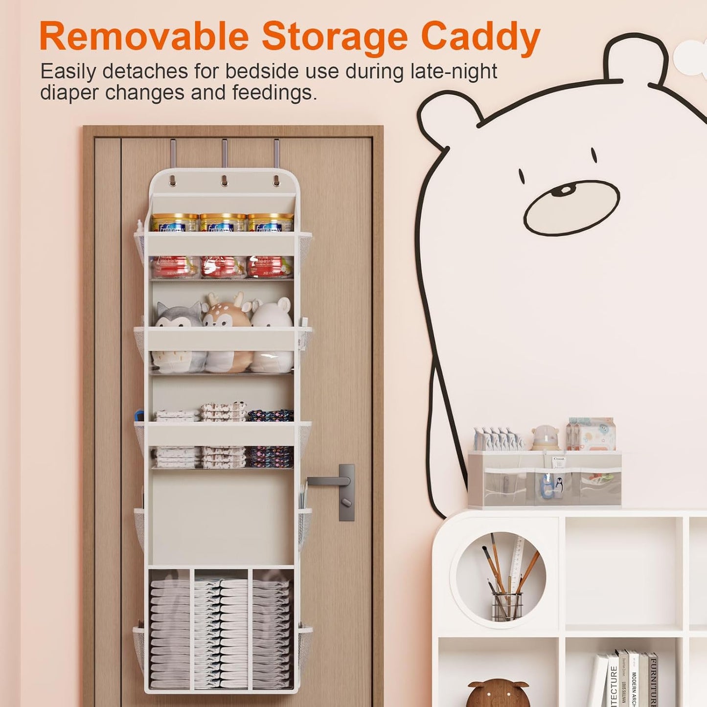 OneDream Over the Door Organizer for Nursery, 5-Tier Baby Clothes Organizer with Removable Storage Caddy, Hanging Behind Door Storage with Clear Pockets and Side Mesh Compartments, Grey