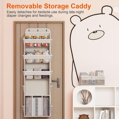 OneDream Over the Door Organizer for Nursery, 5-Tier Baby Clothes Organizer with Removable Storage Caddy, Hanging Behind Door Storage with Clear Pockets and Side Mesh Compartments, Grey