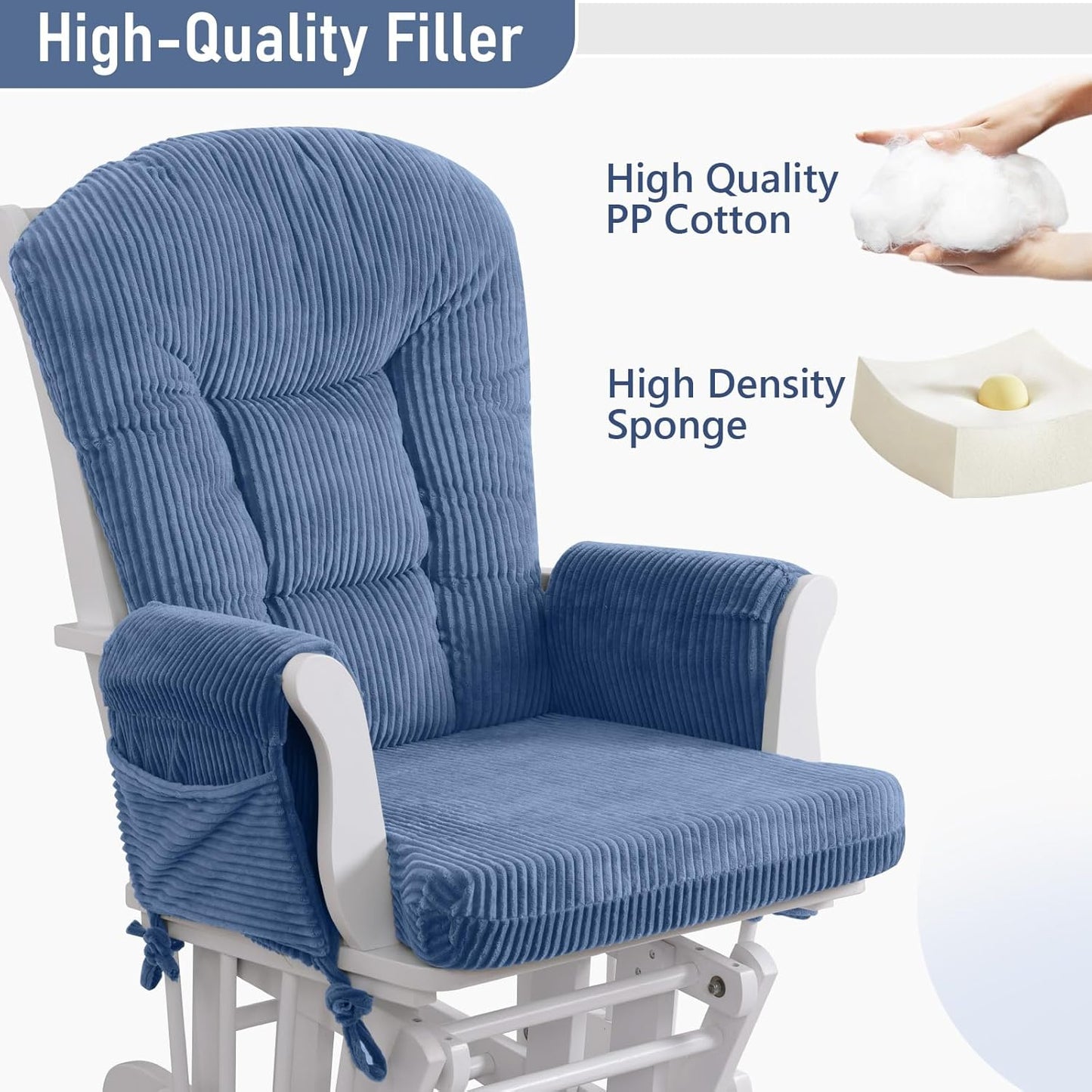5PCS Glider Rocker Replacement Cushions with Storage Side Pockets, Thickened 3.5IN Seat & Supportive Striped Plush Rocking Chair Cushion Set with Ottoman Cover for Indoor Nursery, Beige