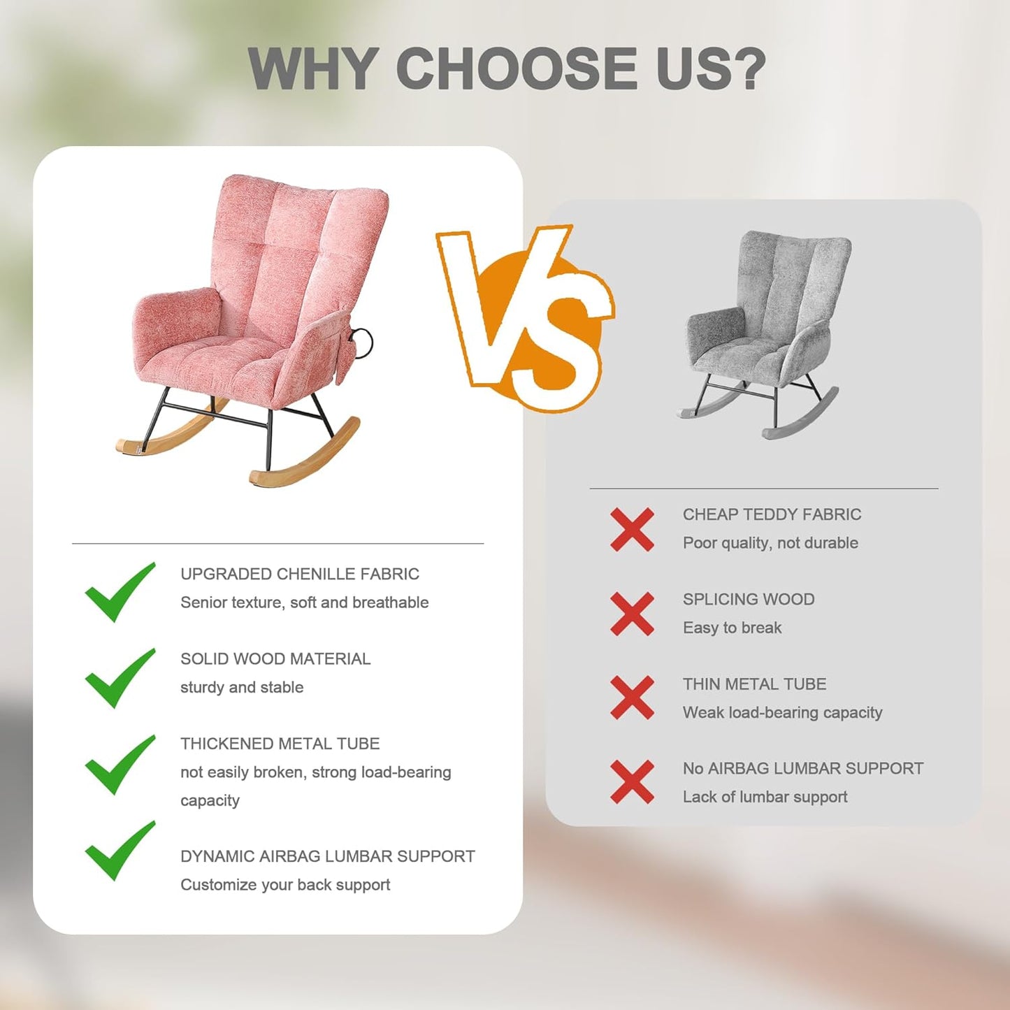 Rocking Chair Nursery with Airbag, Comfy Modern Nursery Rocking Reading Chair indoor with Footrest, Cozy Upholstered Glider Rocker Chairs for Living Room Bedroom Offices(Chenille, Dark Grey)