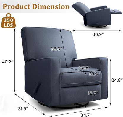 Swivel Rocker Recliner Chair for Adults, High Back Fabric Recliner with Deep Seat, Manual Glider for Living Room & Nursery, Grey