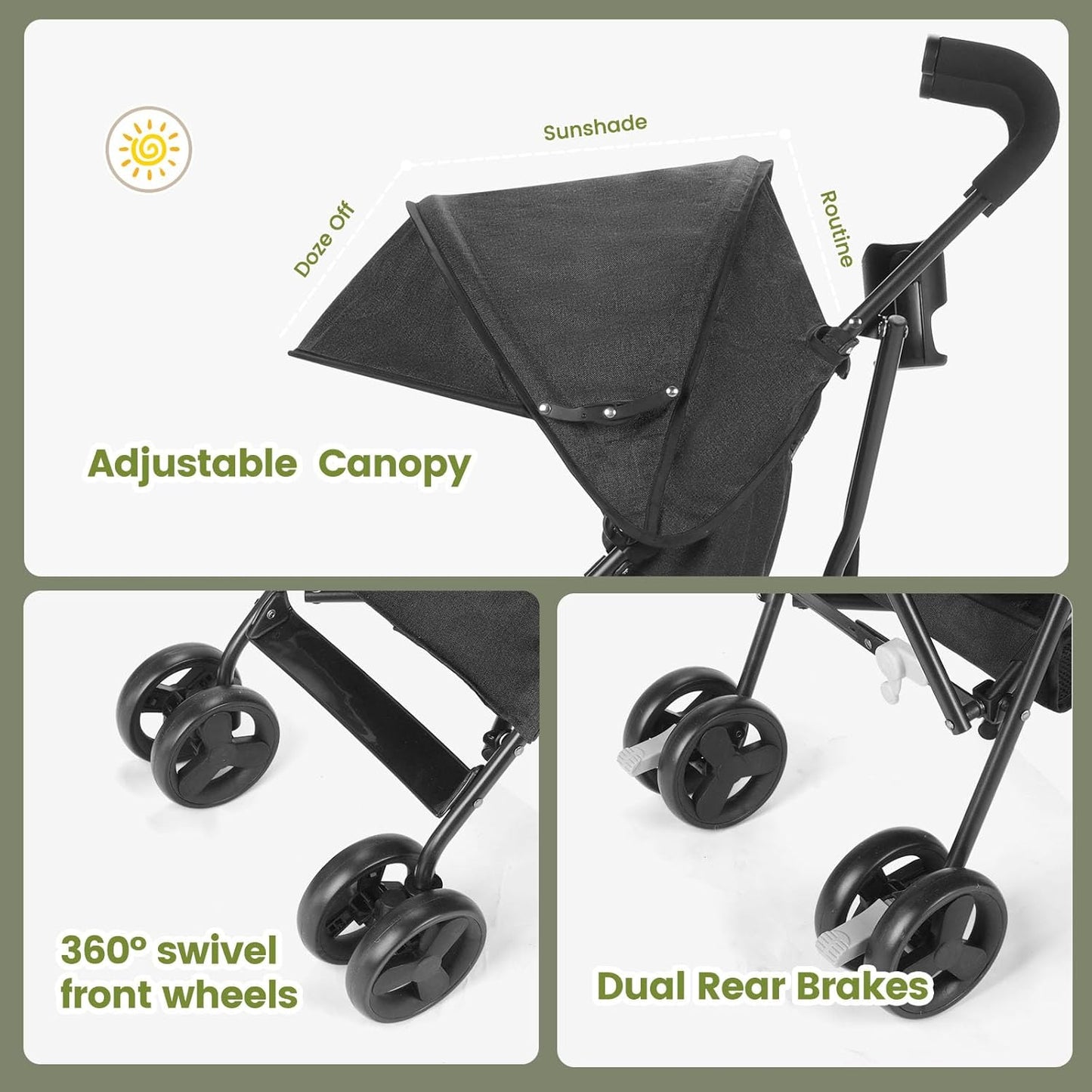 One-Handed Folding Lightweight Stroller, Large Storage Basket, Canopy, Cup Holder, Compact Umbrella Stroller Durable Frame, 3-36M Travel Stroller for Airplane Ultra Overhead Friendly (Black)