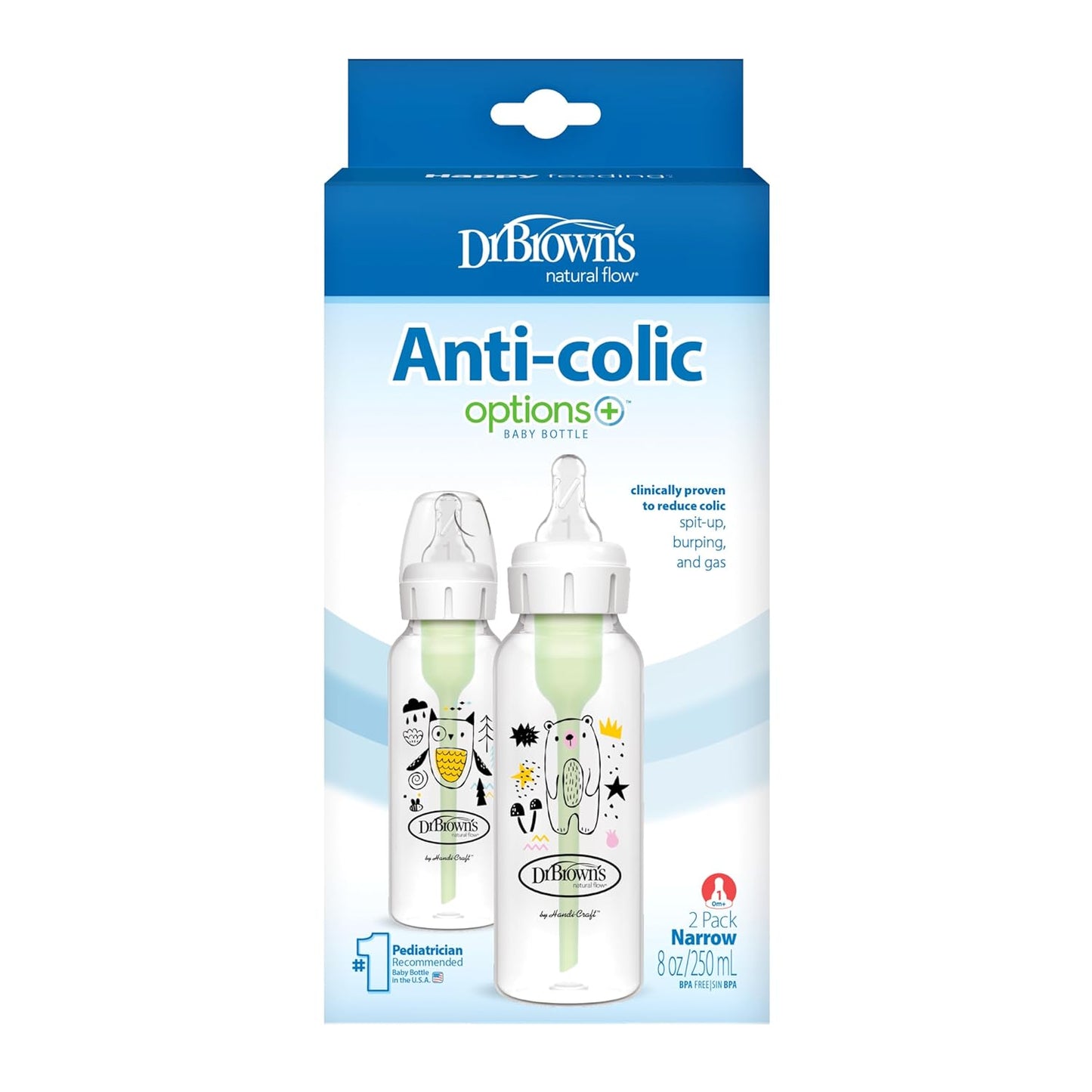 Dr. Brown's Natural Flow Anti-Colic Options+ Narrow Baby Bottle, Bear and Owl, 8 oz/250 mL, with Level 1 Slow Flow Nipple, BPA Free, 0m+, 2-Pack