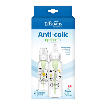 Dr. Brown's Natural Flow Anti-Colic Options+ Narrow Baby Bottle, Bear and Owl, 8 oz/250 mL, with Level 1 Slow Flow Nipple, BPA Free, 0m+, 2-Pack