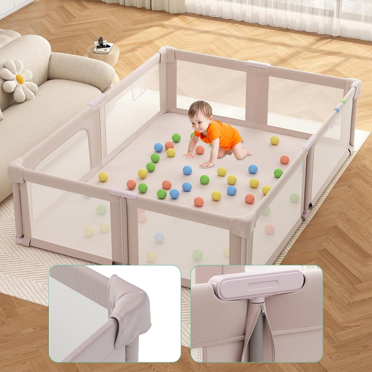 Foldable Playpen for Babies and Toddlers, 51" Portable Play Pen with Mat and Ocean Balls, Play Yard with with Visible Mesh for Inddor and Outdoor, No Assembly Required, Dark Gray