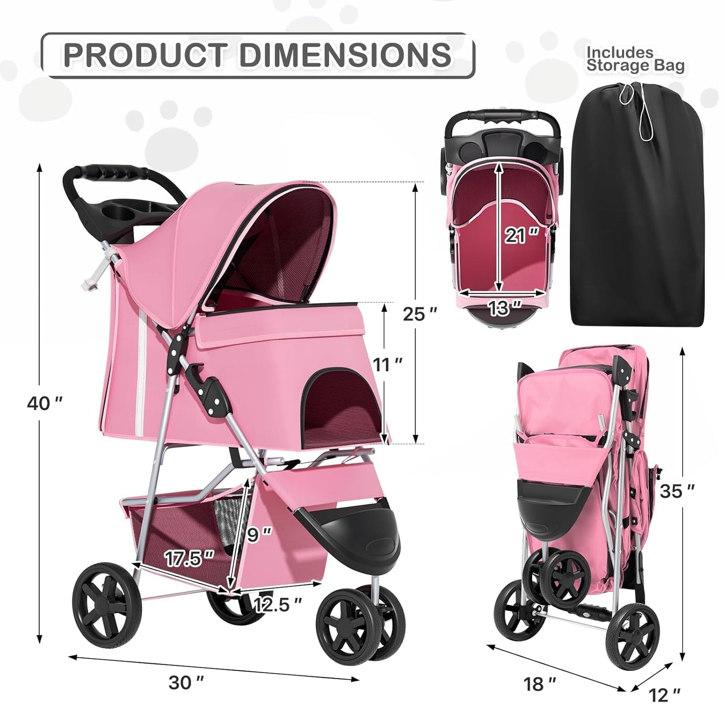 MoNiBloom Foldable Pet Stroller with Weather Cover, 3 Wheels Pet Strolling Cart for Small/Medium Dogs and Cats with Storage Basket and Cup Holder, Breathable and Visible Mesh for All-Season, Black