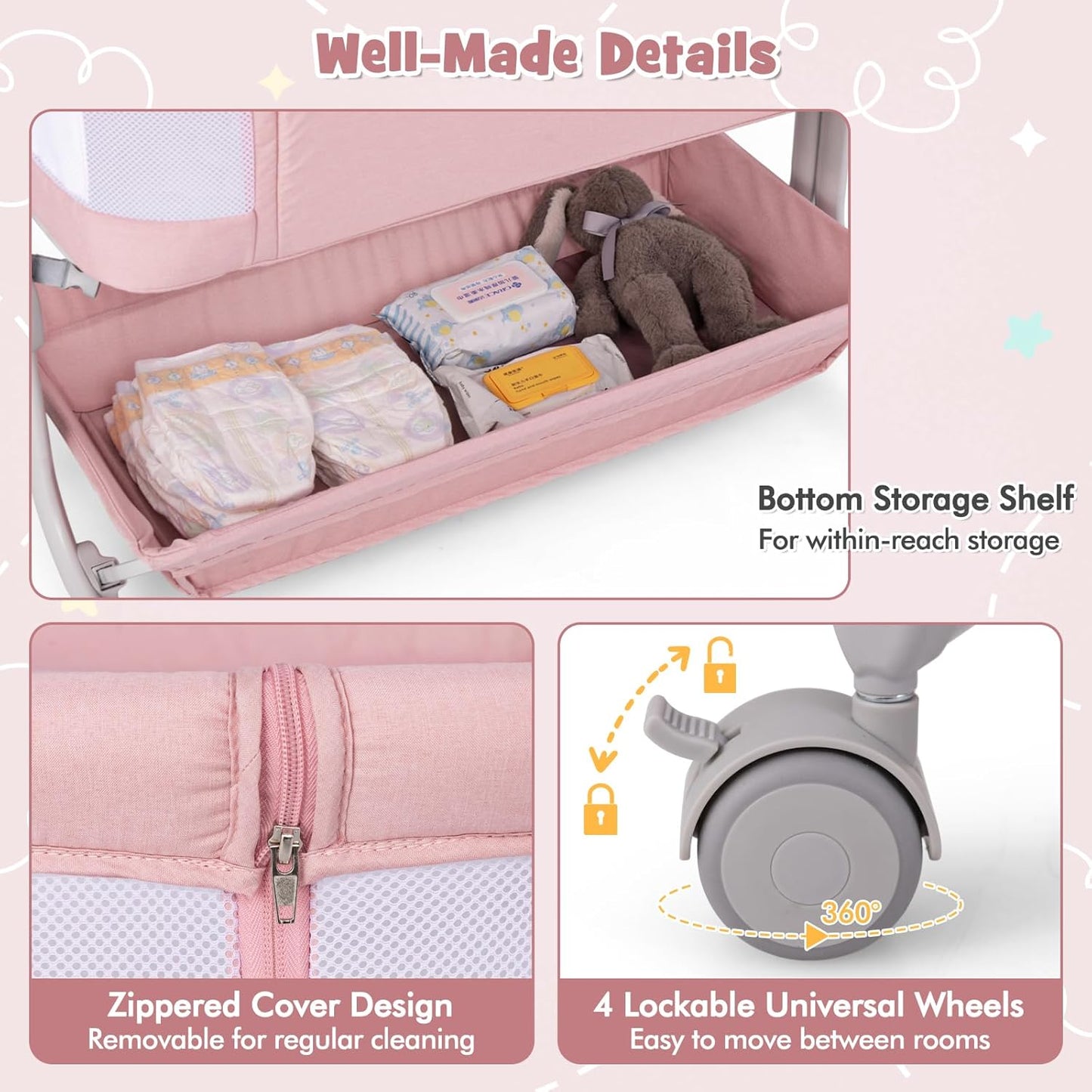 BABY JOY Bassinet, Bedside Crib w/ 6-Level Adjustable Height, Storage Shelf, Wheels, Mattress & Carry Bag for Safe Co-Sleeping, Folding Bassinet Bedside Sleeper for Newborn Infants (Gray)