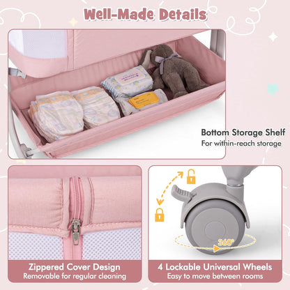 BABY JOY Bassinet, Bedside Crib w/ 6-Level Adjustable Height, Storage Shelf, Wheels, Mattress & Carry Bag for Safe Co-Sleeping, Folding Bassinet Bedside Sleeper for Newborn Infants (Gray)