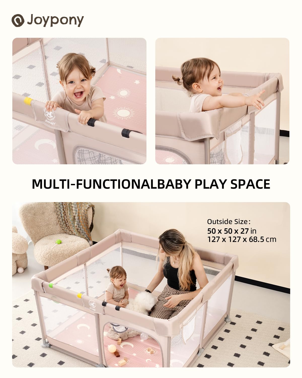 Joypony Baby Playpen with Mat, 50x50 in Small Play Pen for Babies, Toddler Playpen for Apartment, Indoors Play Yard with Soft Breathable Mesh (Beige with Mat)