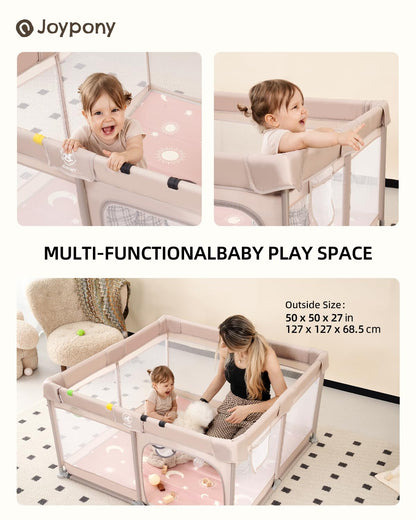 Joypony Baby Playpen with Mat, 50x50 in Small Play Pen for Babies, Toddler Playpen for Apartment, Indoors Play Yard with Soft Breathable Mesh (Beige with Mat)