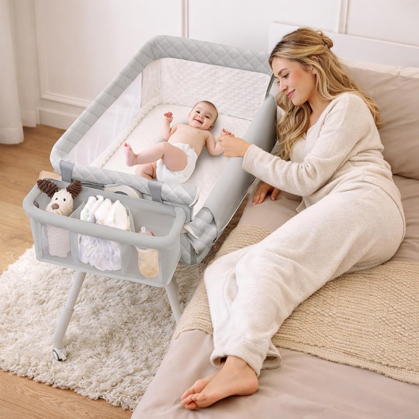 Baby Bassinet Bedside Crib for Newborn, 4-in-1 Baby Bassinet Bedside Sleeper with Mesh & Mattress, Easy Move Crib for Newborns with Lockable Wheels & Storage Basket, 4-Adjustable Height(Grey) | Bassinet with Wheels, Storage Basket, 4 Height Adjustable
