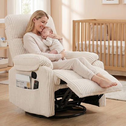 Manual Small Recliner Rocking Chair for Nursery/Relaxation, Corduroy Swivel Glider Recliner for Living Room Bedroom, Brown Rocking Chair Nursery Recliners for Small Spaces, Side Pockets (Brown)