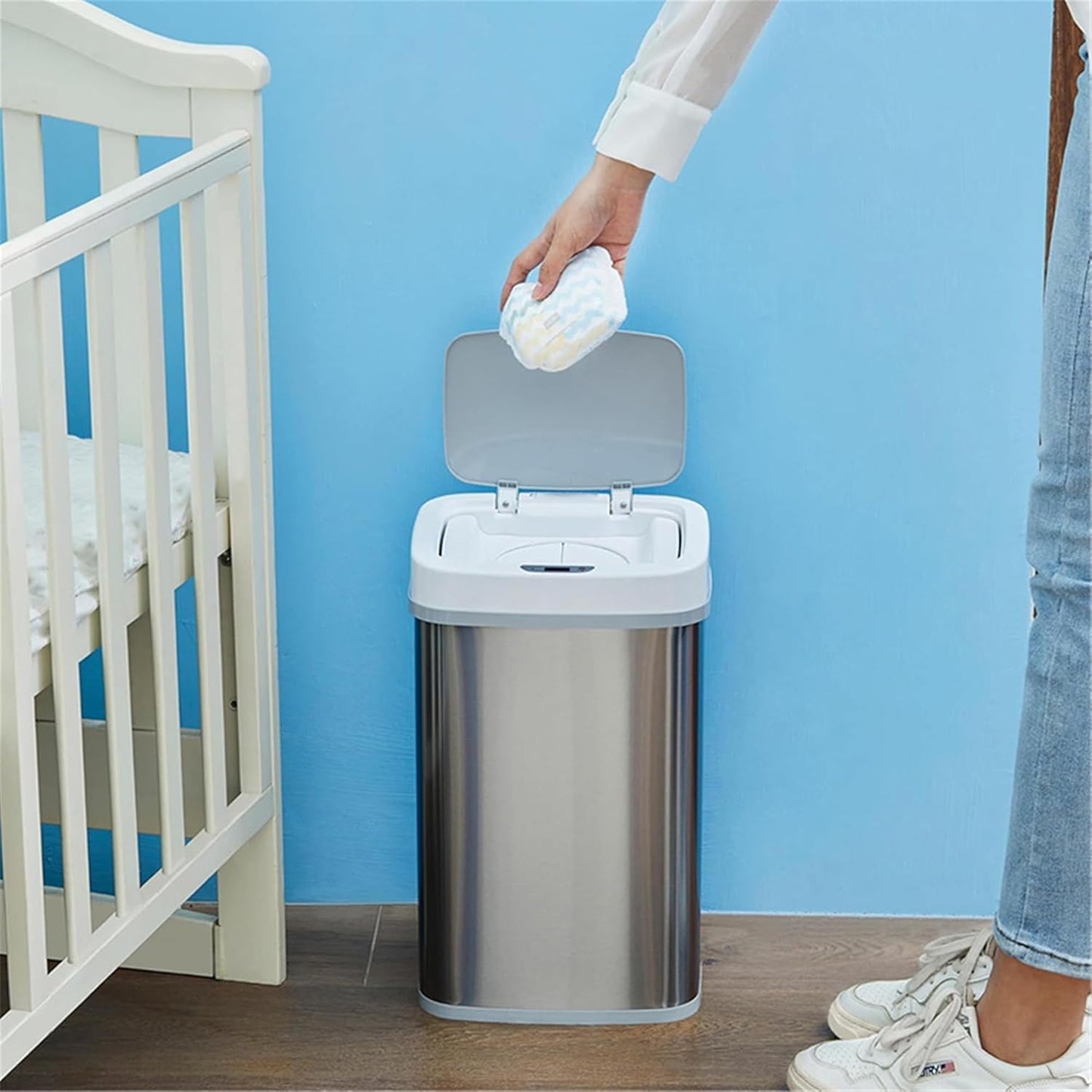 Smart Odor-Resistant Diaper Pail Trash Can with Motion Sensor Lid, Double Seal Odor Control, Removable Inner Shield, Battery Operated Bin,Quiet Auto Open Close,Home Hygiene Organizer (Blue)