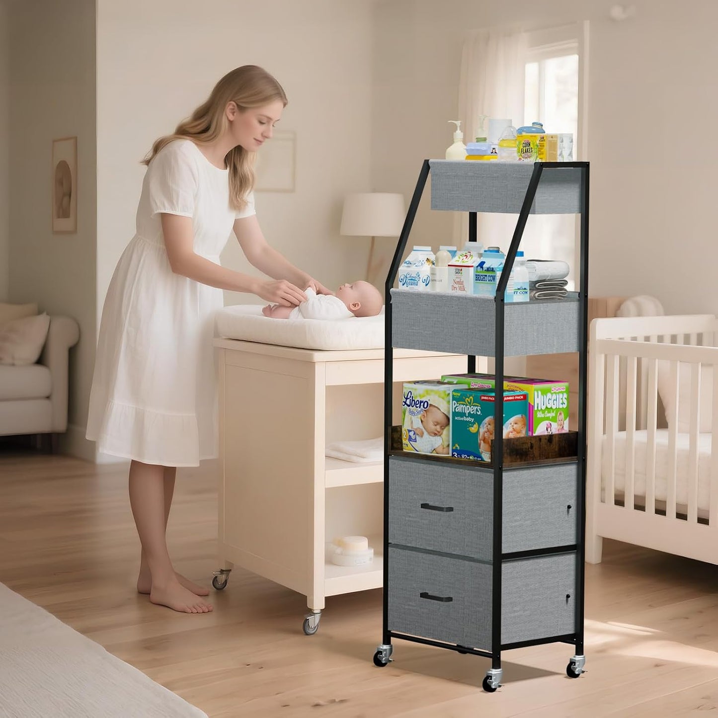 Baby Diaper Caddy Organizer and Storage - 5 Tier Rolling Cart with Dividers and Drawers, Mobile Utility Cart with Wheels for Nursery, Bedroom, Changing Table & Crib