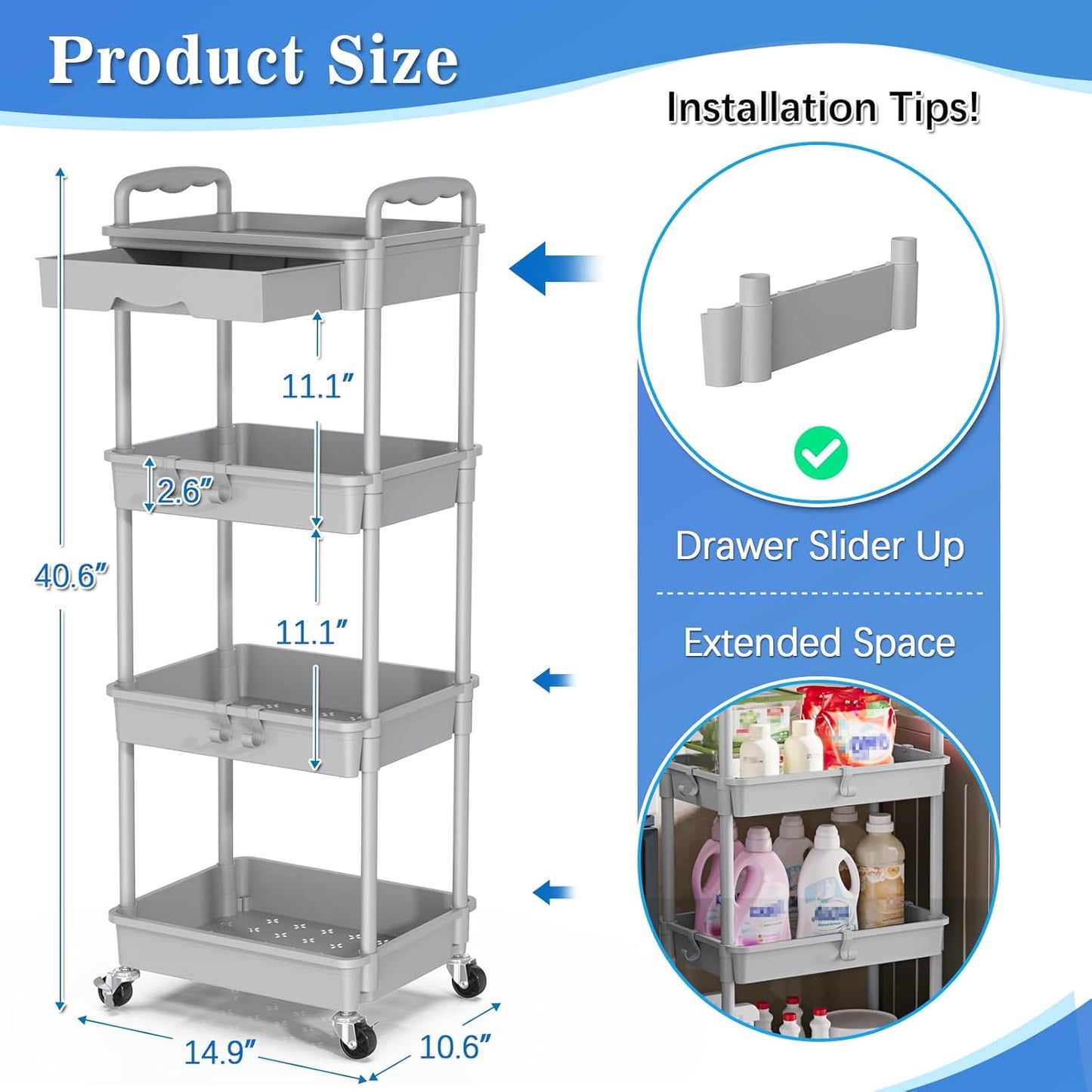 SUNALLY 3 Tier Rolling Cart with Drawer, Bathroom Storage Organizer with 2 Lockable Wheels, Multifunctional Rolling Storage Cart for Bathroom, Kitchen, Office, Craft, Makeup, Baby Essentials, White