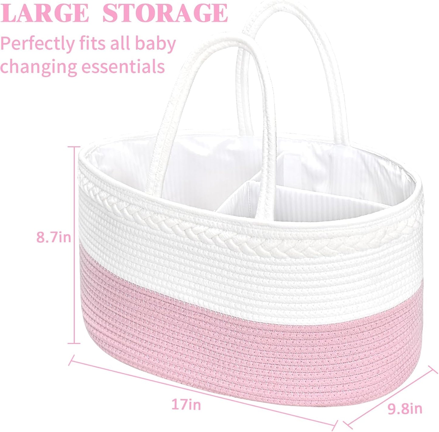 ABenkle Diaper Caddy Organizer - Cotton Rope Nursery Storage Basket for Baby Essentials, Boys & Girls Shower Gift, Changing Table Organizer, Pink