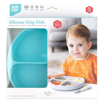Bumkins Toddler and Baby Suction Plate, Divided Grip Dish for Babies and Kids, Baby Led Weaning, Feeding Supplies, Sticks to Tables and Highchairs, Platinum Silicone, for Chidren 6 Months, Gray