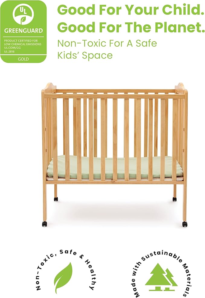 Delta Children Folding Portable Mini Baby Crib with 1.5-inch Mattress - Greenguard Gold Certified, Natural