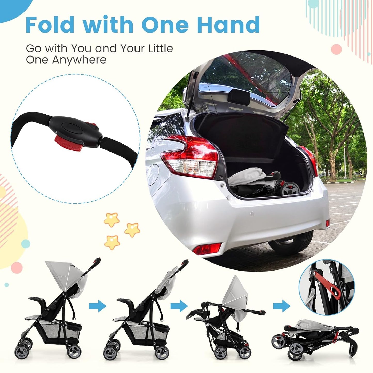 Baby Joy Lightweight Stroller, Compact Toddler Travel Stroller for Airplane, Infant Stroller w/Adjustable Backrest/Footrest/Canopy, 5-Point Harness, Storage Basket, Easy One-Hand Fold (Gray)