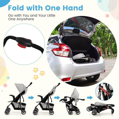 Baby Joy Lightweight Stroller, Compact Toddler Travel Stroller for Airplane, Infant Stroller w/Adjustable Backrest/Footrest/Canopy, 5-Point Harness, Storage Basket, Easy One-Hand Fold (Gray)