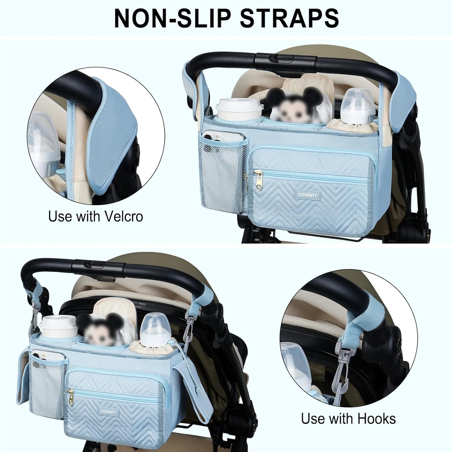 Universal Stroller Organizer with Insulated Cup Holders,Large Capacity Non-Slip Stroller Caddy Bag Fits for Uppababy/Doona/Jogger/Britax/Mompush/BoB with Anti-Sag Hard Bottom and Wet Wipes Pocket