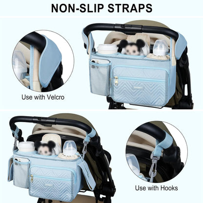 Universal Stroller Organizer with Insulated Cup Holders,Large Capacity Non-Slip Stroller Caddy Bag Fits for Uppababy/Doona/Jogger/Britax/Mompush/BoB with Anti-Sag Hard Bottom and Wet Wipes Pocket