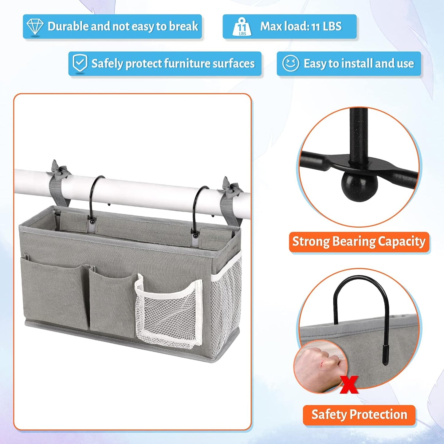 Loghot Bedside Caddy/Bedside Storage Bag Hanging Organizer for Bunk and Hospital Beds,Dorm Rooms Bed Rails,Can be Placed Glasses,Books,Mobile Phones,Keys (White)